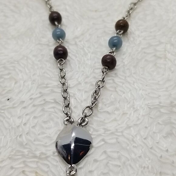 ALine Y Necklace Silver Drop Brown Blue Beaded Necklace - Picture 4 of 9